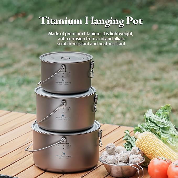 Boundless Voyage Titanium Hanging Pot for Outdoor Camping Backpacking Hiking Ultralight Portable