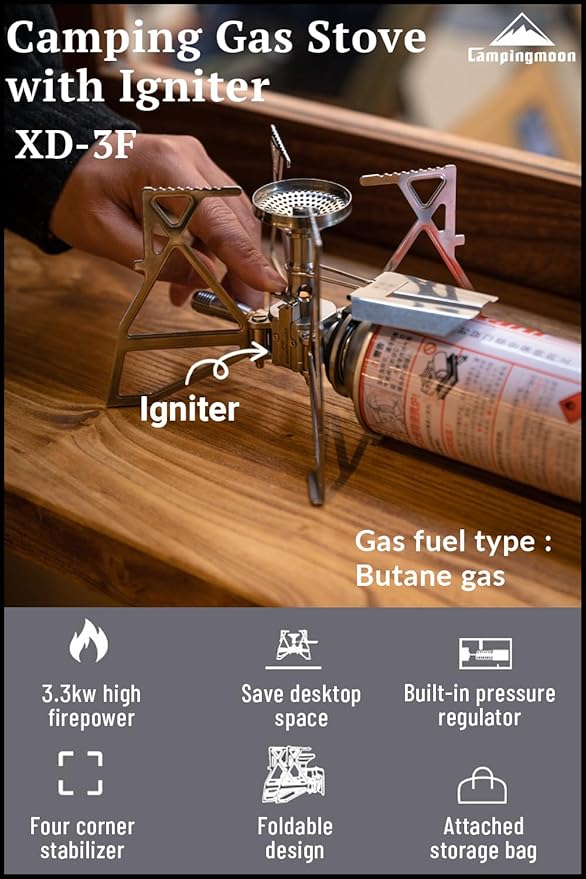 CAMPINGMOON Butane Camping Stove Portable Regulator Single Burner w/Storage Bag XD-3 (Silver