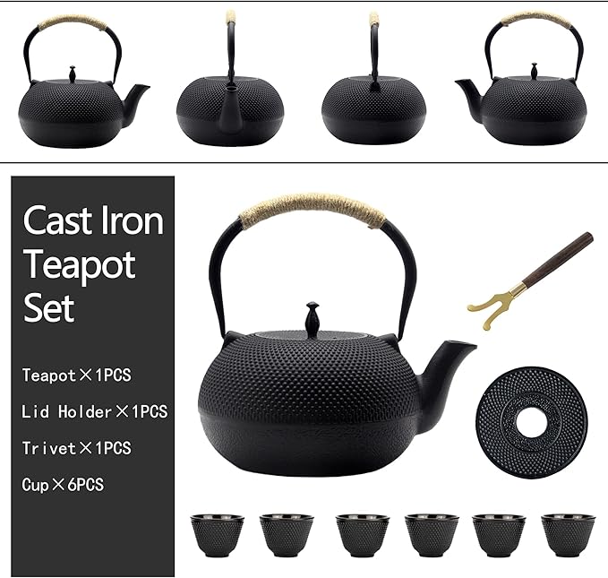 Big Cast Iron Teapot Set with Cups, Japanese Tetsubin Tea Kettle for Stovetop Safe, Cast Iron Tea