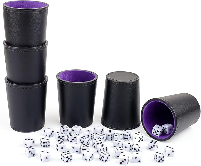 Felt-Lined PU Leather Dice Cup Set, 6 Quiet Dice Shaker Cups with 36 Dices for Bar Party Yahtzee