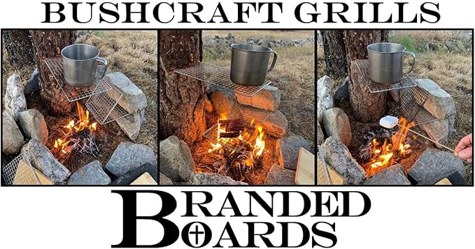 Portable Bushcraft Stainless BBQ Cooking Grill Grate, Bamboo Cutting Board, Burlap Bag, Mini Knife