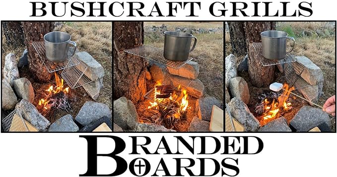 Portable Bushcraft Stainless BBQ Cooking Grill Grate, Bamboo Cutting Board, Burlap Bag, Mini Knife
