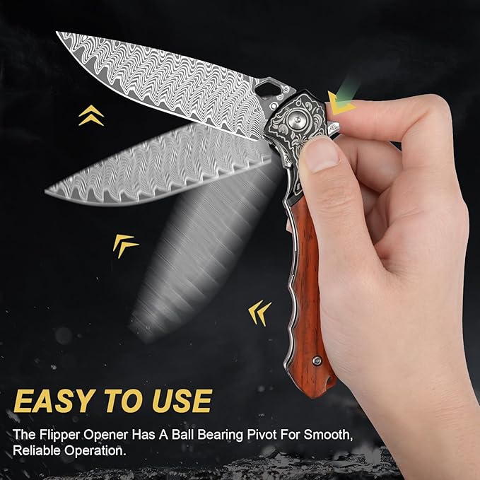Damascus Folding Knife, 3.39" VG10 Core Damascus Steel Blade Pocket Knife for EDC, Wood Handle