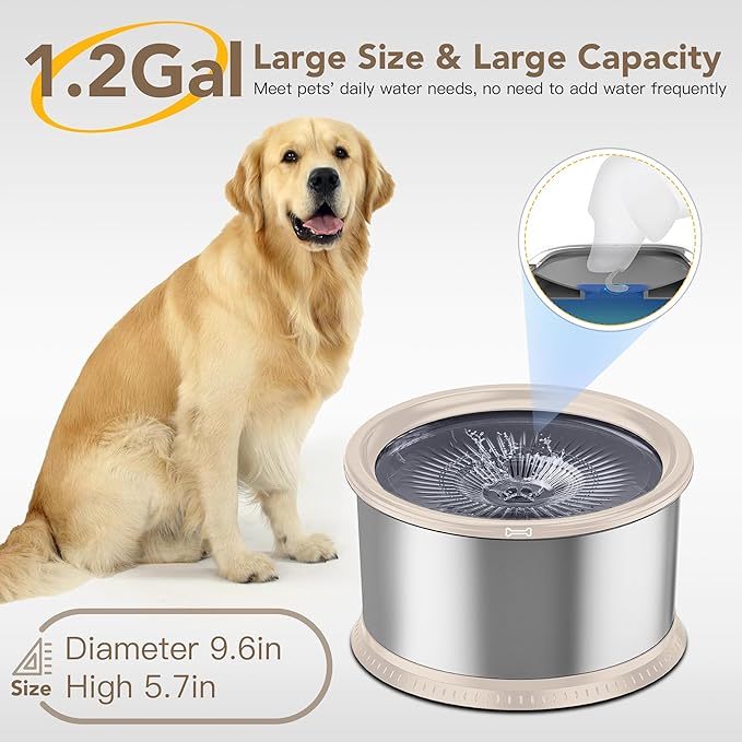 4.5L/1.2Gal Dog Water Bowl, No Spill Stainless Steel Slow Water Bowl for Medium Large Dogs, Large