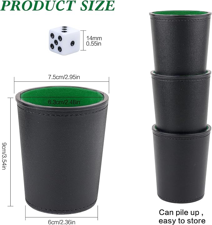 Felt-Lined PU Leather Dice Cup Set, 6 Quiet Dice Shaker Cups with 36 Dices for Bar Party Yahtzee