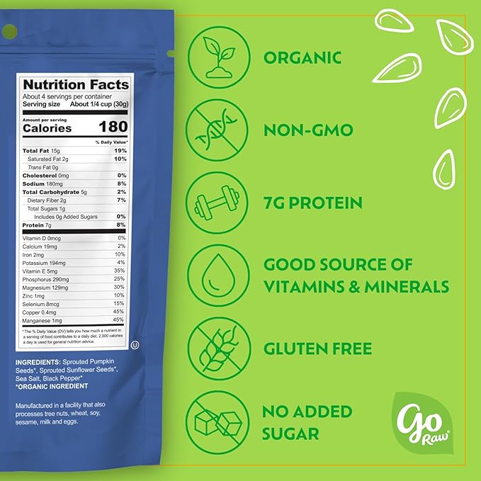 Go Raw Organic Sprouted Sea Salt & Pepper Snacking Seeds, 4 oz, 6 Pack, Pumpkin & Sunflower Seeds
