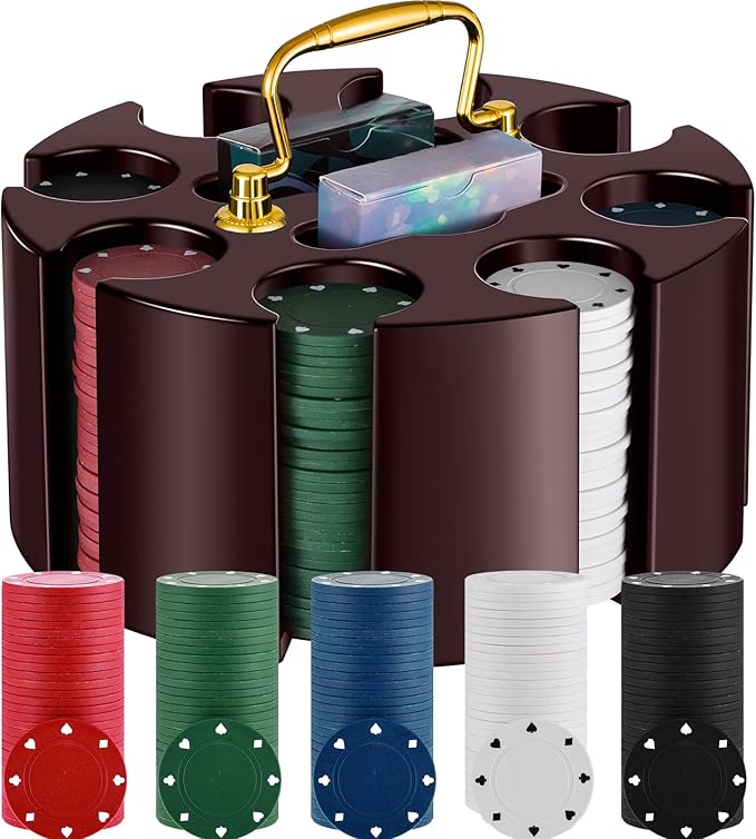 Wettarn Poker Chips Poker Set, 200 Count Rotating Chip Case Wood Carousel Case Holder with 200 Pcs