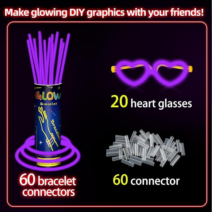 60 Pack 8??Purple Glow Sticks Bulk Bright Glow Sticks with 60 Connectors 20 Heart Glasses Glow In