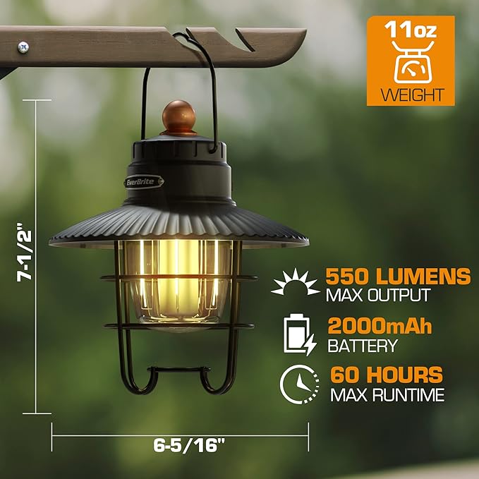 EverBrite LED Camping Lantern Pack of 2, USB C Rechargeable Lantern with 3 Light Modes, Vintage
