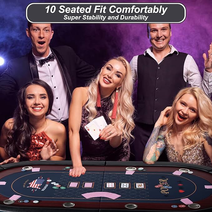 10 Player Foldable Poker Table, 86" Large Professional Folding Texas Holdem Poker Card Table