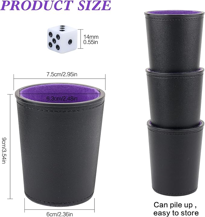 Felt-Lined PU Leather Dice Cup Set, 6 Quiet Dice Shaker Cups with 36 Dices for Bar Party Yahtzee
