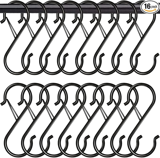 16 Pack Heavy Duty S Hooks with Safety Buckle - S Shaped Hooks for Hanging Plants, Clothes, Kitchen