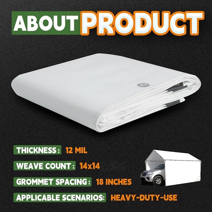 RAINDEWAY 12 Mil Heavy Duty White Tarp 12x16 Feet, UV Resistant, Waterproof, Weatherproof Poly Tarp
