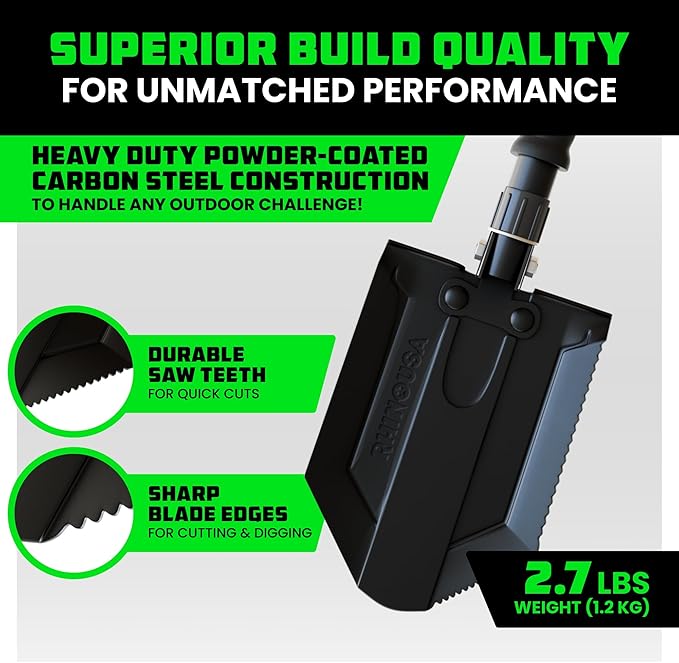 Rhino USA Survival Shovel w/Pick - Heavy Duty Carbon Steel Military Style Entrenching Tool for Off