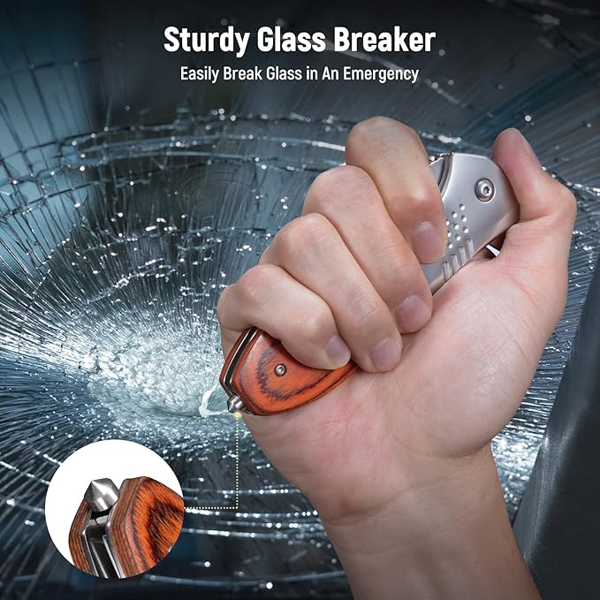 Pocket Knife for Men - 3.46" Sharp Blade Wood Handle Pocket Folding Knives with Clip, Glass Breaker