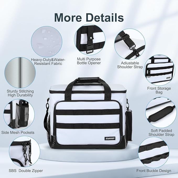 Soft Cooler Bag, 30 Cans Collapsible Cooler with Adjustable Shoulder Straps, White Ice Chest for