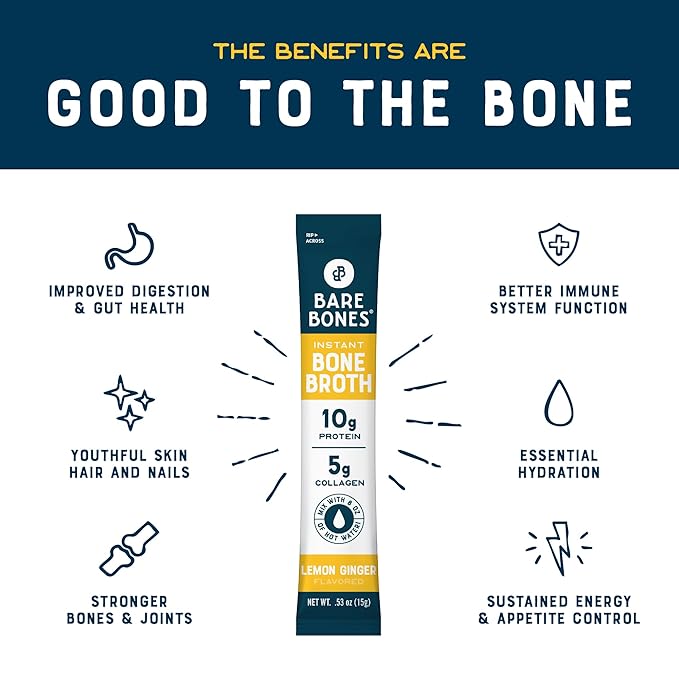 Bare Bones Bone Broth Instant Powdered Mix, Lemon Ginger, Pack of 16, 15g Sticks, 10g Protein, Keto