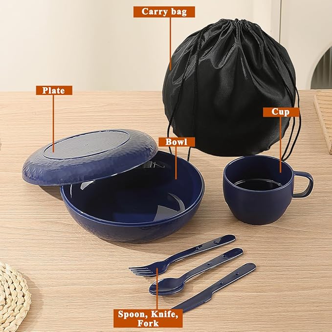 Evanda Camping Mess Kit with Bowl, Plate, Cup, Spoon, Fork, Knife and Carry Bag, Reusable Camping