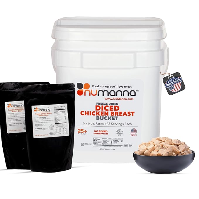 NuManna Freeze-Dried Diced Chicken Breast Bucket 36 Servings | Over 25g Protein per Serving for