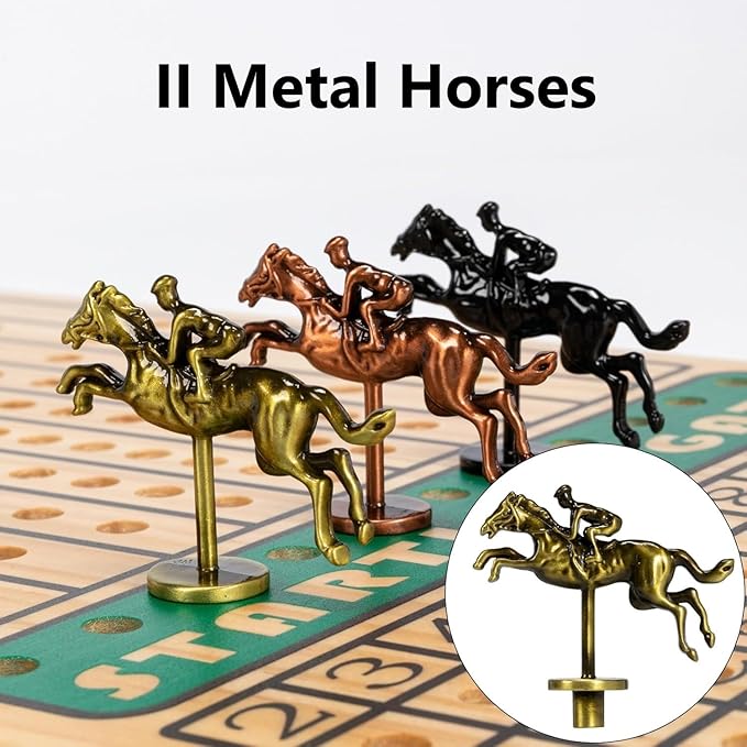 Horse Race Board Game, Horse Racing Game with 11 Luxury Metal Horses, 4 Dice, 2 Boxes of Cards, and
