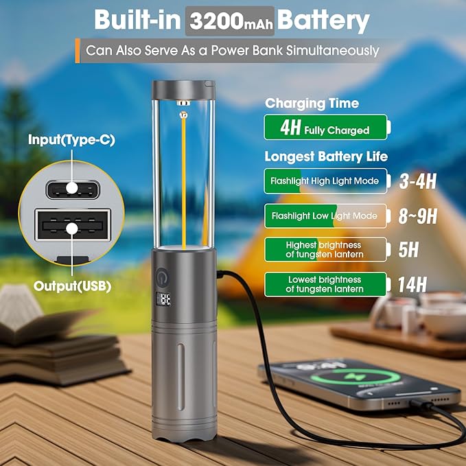 2 in 1 LED Camping Lantern, 2500mAh Rechargeable Camping Light, 6 Modes Outdoor Flashlight Lantern