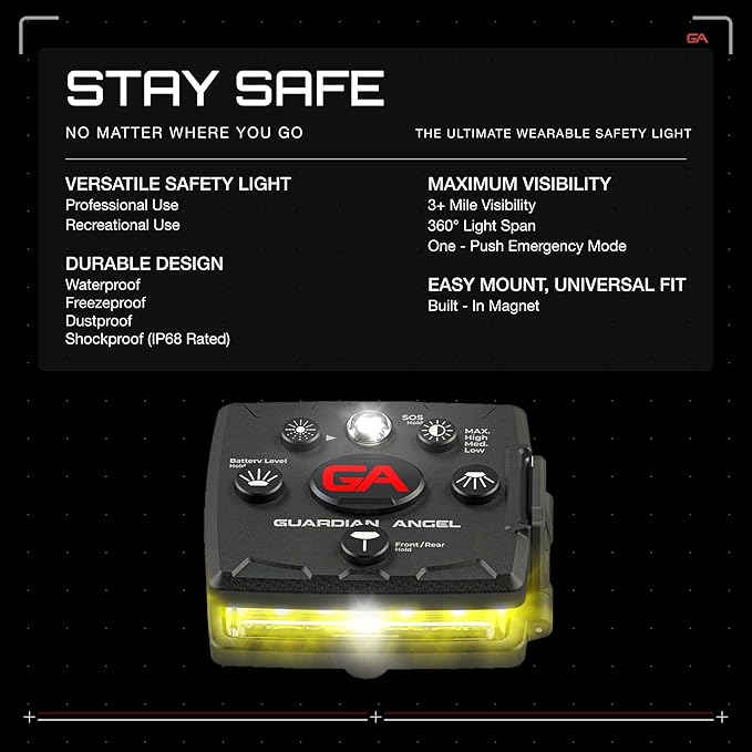 Guardian Angel Micro Series Safety Lights, Beacon Device (Yellow Front & Yellow Rear) |Rechargeable