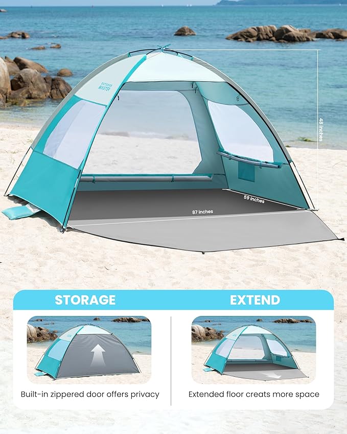 OutdoorMaster Beach Tent for 3/4 Person - Easy Setup Sun Shade Shelter, Portable Beach Shade Sun