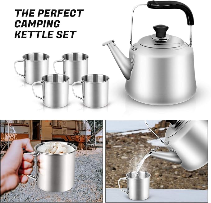Odoland 4L Camping Kettle Set with 4 Cups, Durable Stainless Steel Camp Tea Coffee Water Pot with 4