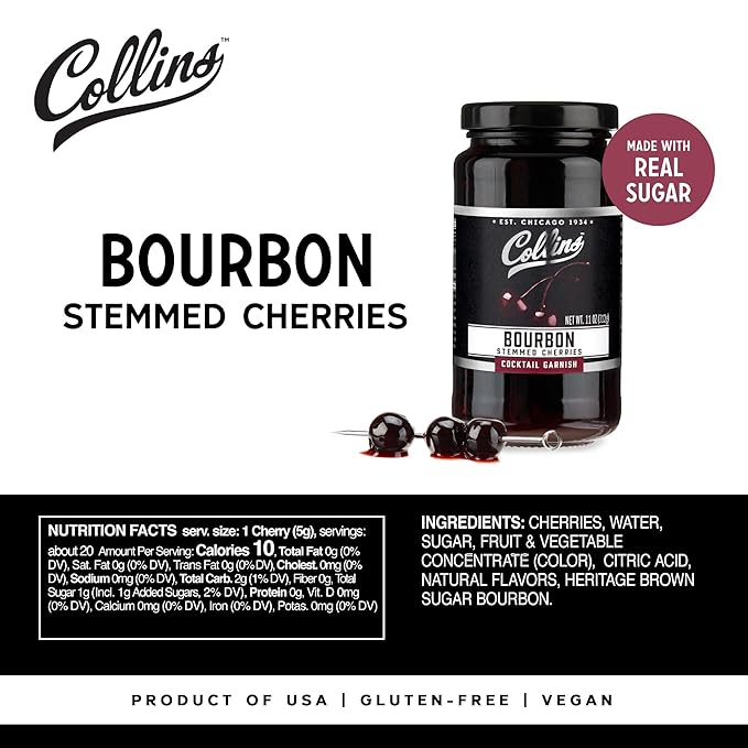 Collins Bourbon Cocktail Cherries - Drinks Garnish for Manhattan or Old Fashioned Cocktails and