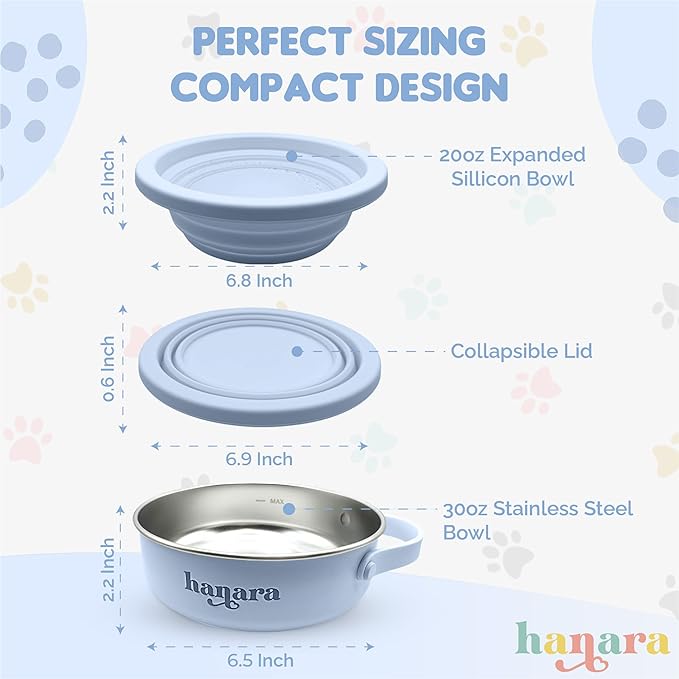 HANARA 2-in-1 Insulated Dog Bowl with Collapsible Lid & Handle ??Stainless Steel, Non-Slip Rubber