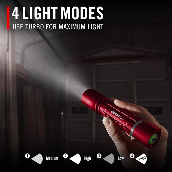 Coast XP11R 2600 Lumen USB-C Rechargeable LED Flashlight with Slide Focus®?¯and Pure Beam® Focusing Optic, 4 Light Modes, Red