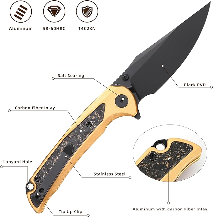 EDC Pocket Knife, 3.6" 14C28N Clip Point Folding Knife, Aluminium With Steel Inlay Handle and Liner