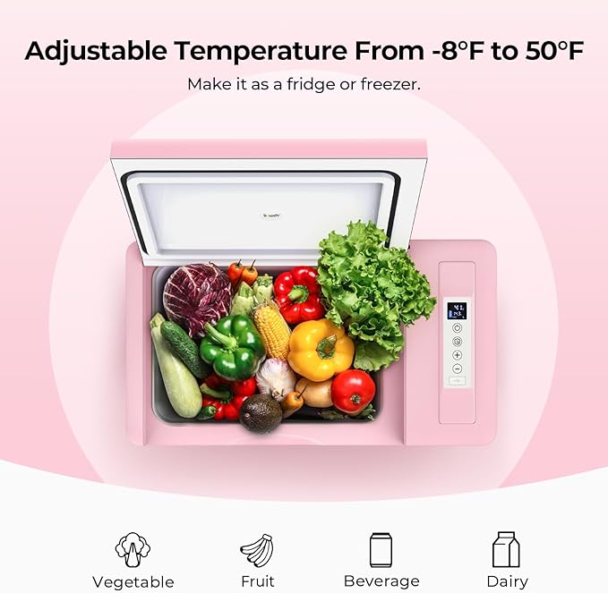 BougeRV Pink 23Quart Portable Refrigerator, 12 Volt Fridge 22L, Portable Freezer Compressor Cooler
