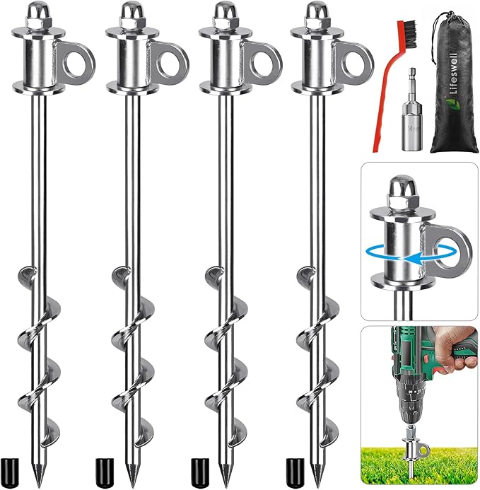 4 Pack Tent Stakes, 12 Inch Heavy Duty Ground Anchors, Full Welding, Easy to Screw in and Reusable