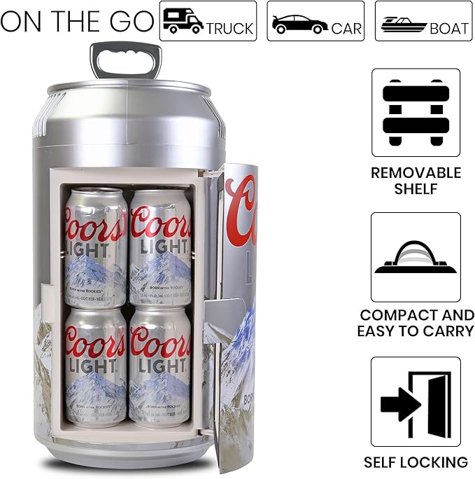 Coors Light Mini Fridge - Refrigerator for Bedroom Office, Portable Table Top Beverage Cooler, 12V