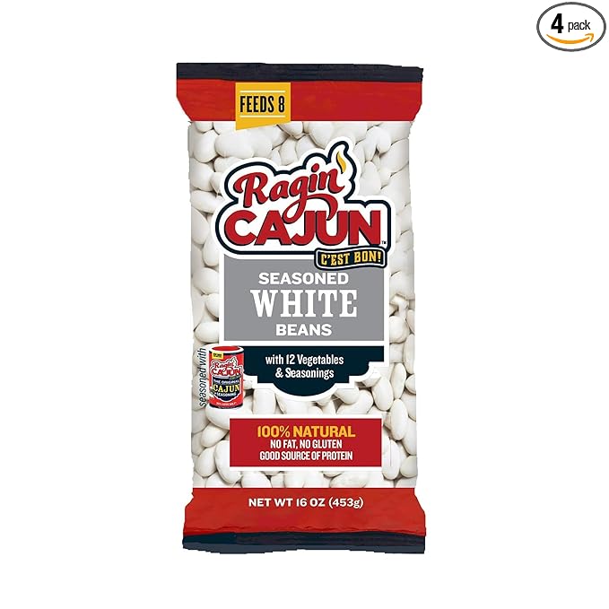 Ragin' Cajun Seasoned White Beans - 16 oz Pack, Pack of 4, Fat-Free, Gluten-Free, Reduced Sodium
