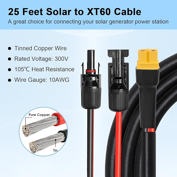 Solar to XT60 Cable 10AWG 25FT Solar Connector to XT60 Adapter Cable for Solar Panel to Battery RV