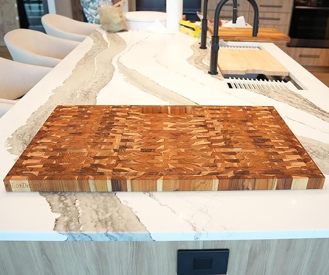 EcoDecors Extra Large Solid Teak Butcher Block 34"x20", End Grain Cutting Board with Juice Groove
