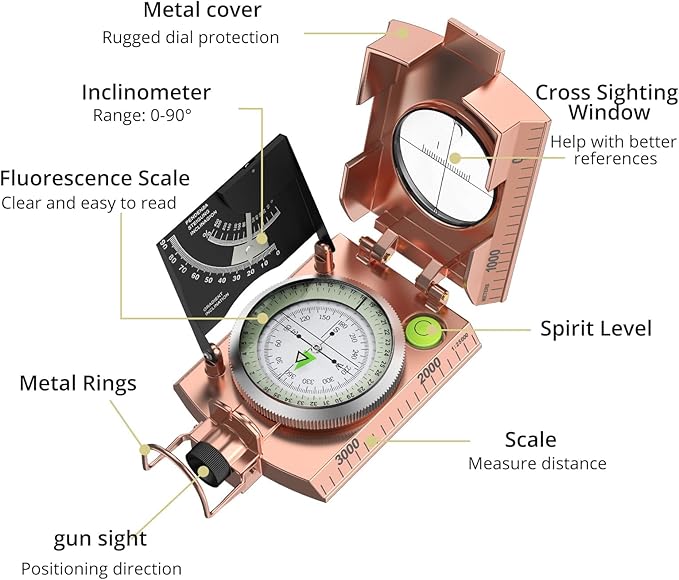 Compass Hiking Survival, IP65 Waterproof Metal Compass with Sighting Clinometer and Carry Bag