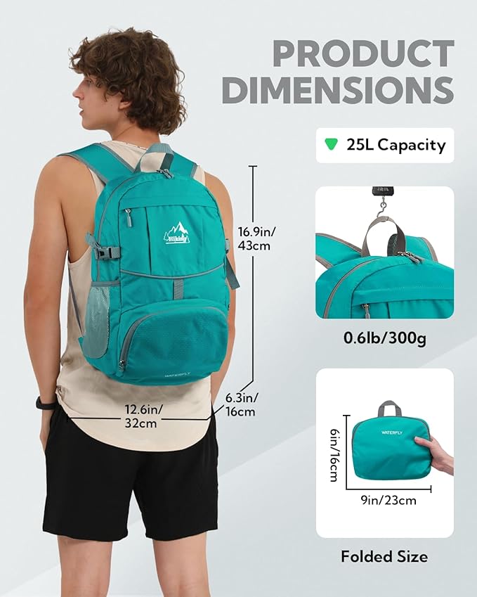 WATERFLY Hiking Foldable Daypack Backpack: 25L Ultra Lightweight Waterproof Day Pack for Woman Man