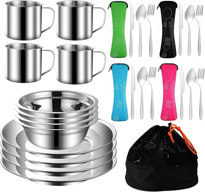Outdoor Camping Mess Kit, Stainless Steel Tableware Mess Kit Includes Plate Bowl Cup Spoon Fork