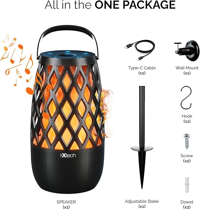IXTECH Outdoor Bluetooth Speaker Waterproof Wireless with LED Flame Light, Shower Bluetooth Speaker