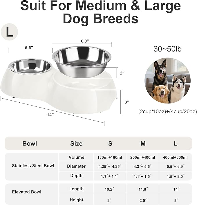 Elevated Dog Bowls Set - Non-Slip Raised Pet Feeder with Medium (10 oz) & Large (20 oz) Stainless