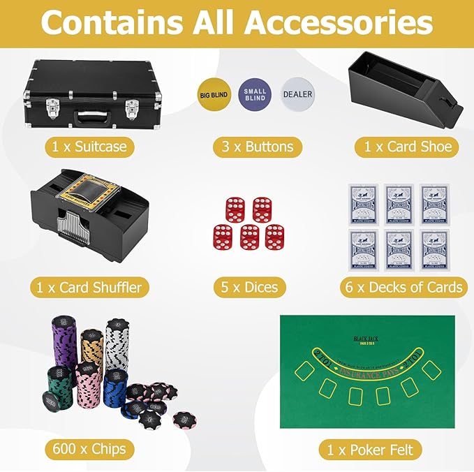 Goplus Poker Chip Set, 600 PCS 14 Gram Clay Poker Chips w/Case, Automatic Card Shuffler, 6 Decks