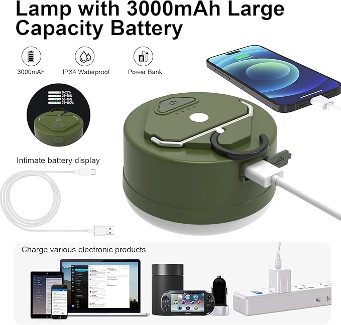 3000mAh 2000LM Rechargeable Camping Light , Warm/White/Nature/SOS 4Modes Brightness Stepless Adjust
