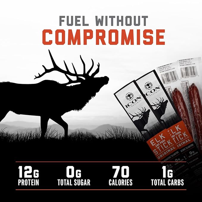 ICON Meats Elk and Pork Snack Sticks - Original Flavor - 24 Pack of Individually Wrapped Jerky Meat