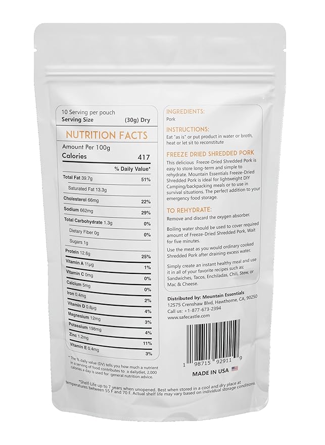 MOUNTAIN ESSENTIALS Freeze-Dried Shredded Pork ??Fully Cooked, Ready-to-Eat Meat | 10 Servings per