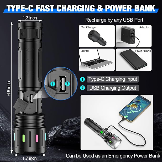 Flashlights High Lumens Rechargeable, Super Bright LED Powerful Flashlight, Type-C, 5 Modes