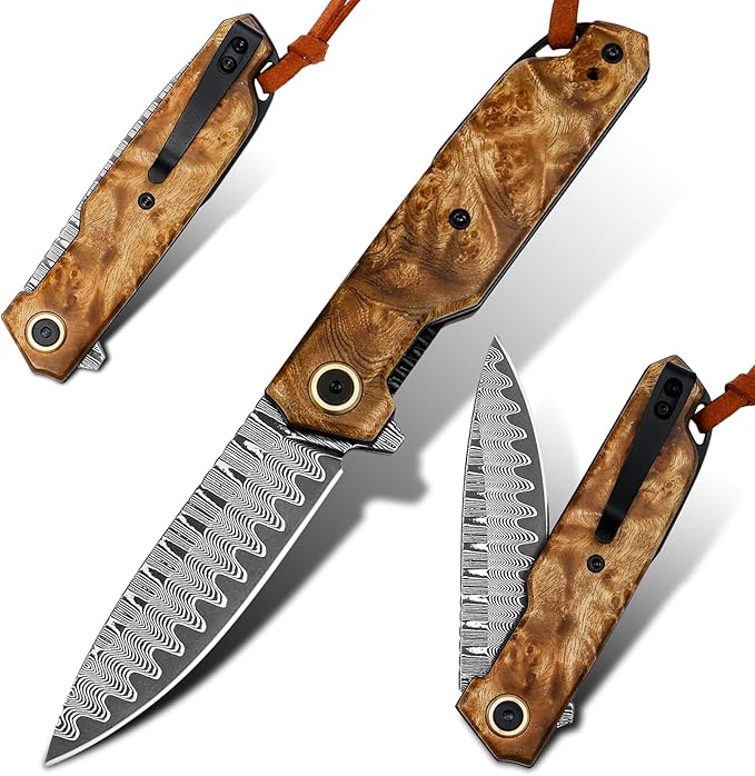 VNLA Damascus Folding Pocket Knife,Handmade knife,Forged Damascus Steel Blade,handle made of maple