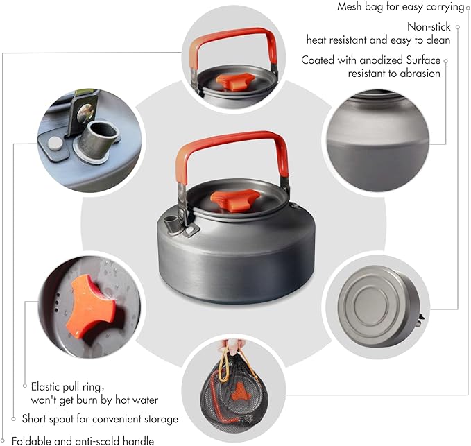 Lixada 1.1L Camping Kettle Set with Cups, Lightweight Aluminum Camp Tea Coffee Pot with Stainless